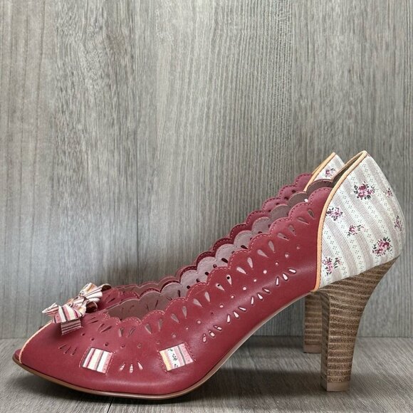 Kenzie Shoes Womens 9M Harvest Laser-Cut Peep Toe High Heel Pumps Leather Red - Picture 3 of 12